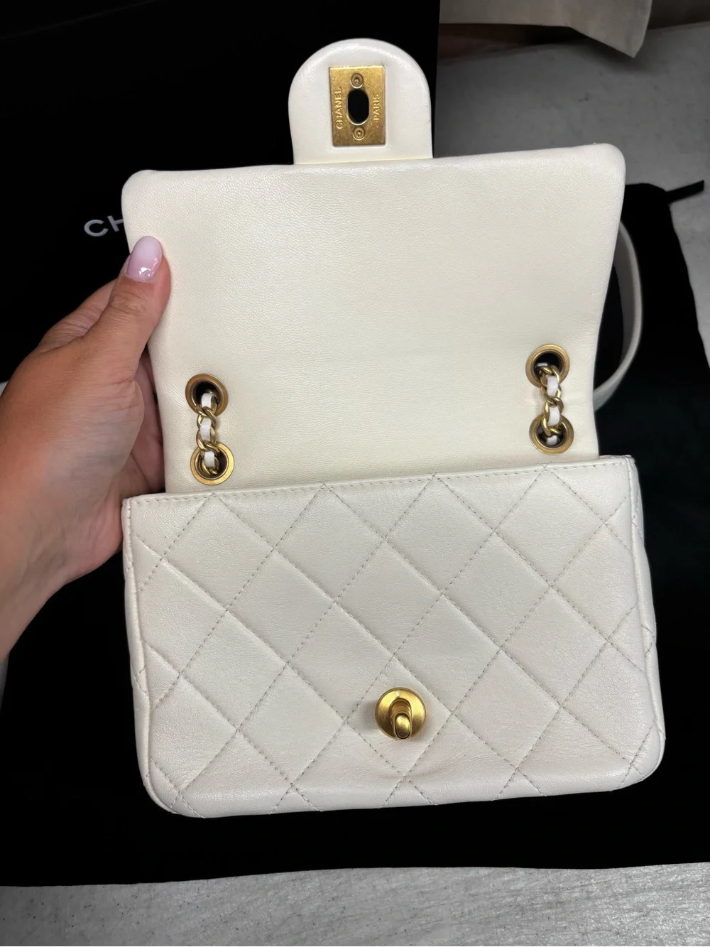 CHANEL White Quilted Leather Mini Flap Bag with Gold Chain Strap